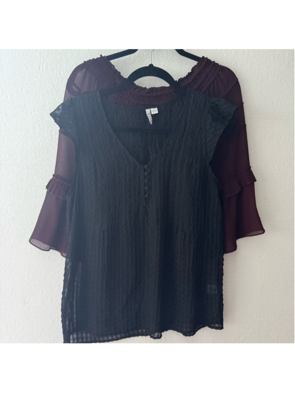 Bundle of 2 Max Studio Off Shoulder Burgundy and Elle Sleeveless Sheer Blouses